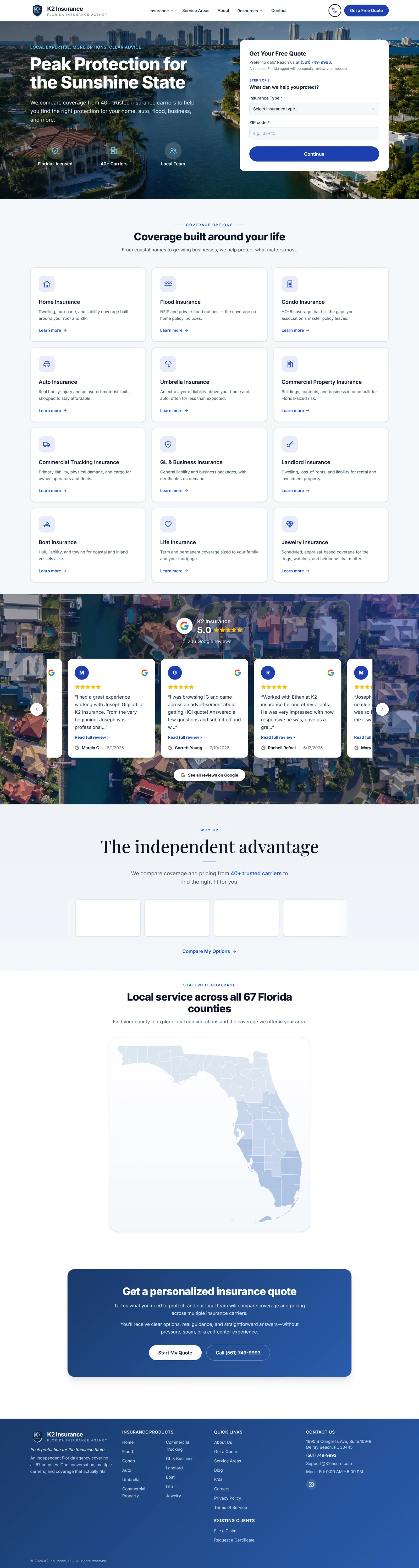 The K2 Insurance homepage on desktop, with the quote-request form beside the hero