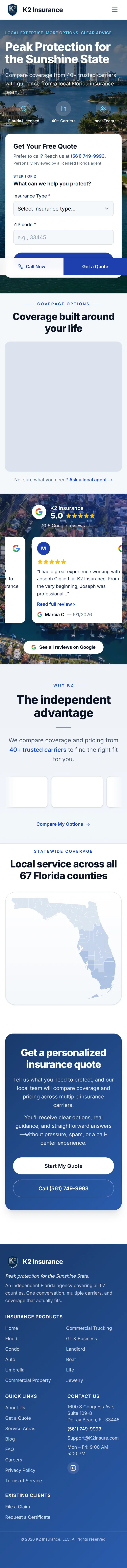 The same K2 Insurance homepage on a phone, with the quote form stacked below the hero